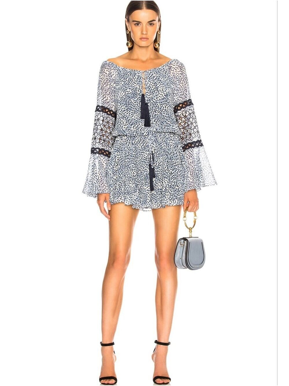 ALEXIS INTERMIX *LANELLE* EMBROIDERED NAVY DOT PRINT TASSELS DRESS